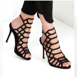 Madden Girl  Size 7.5  Black Cage Open Toe Strappy Sandals Stiletto Heels